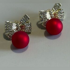 New Elegant Red and Gold Rhinestone Bow Earrings